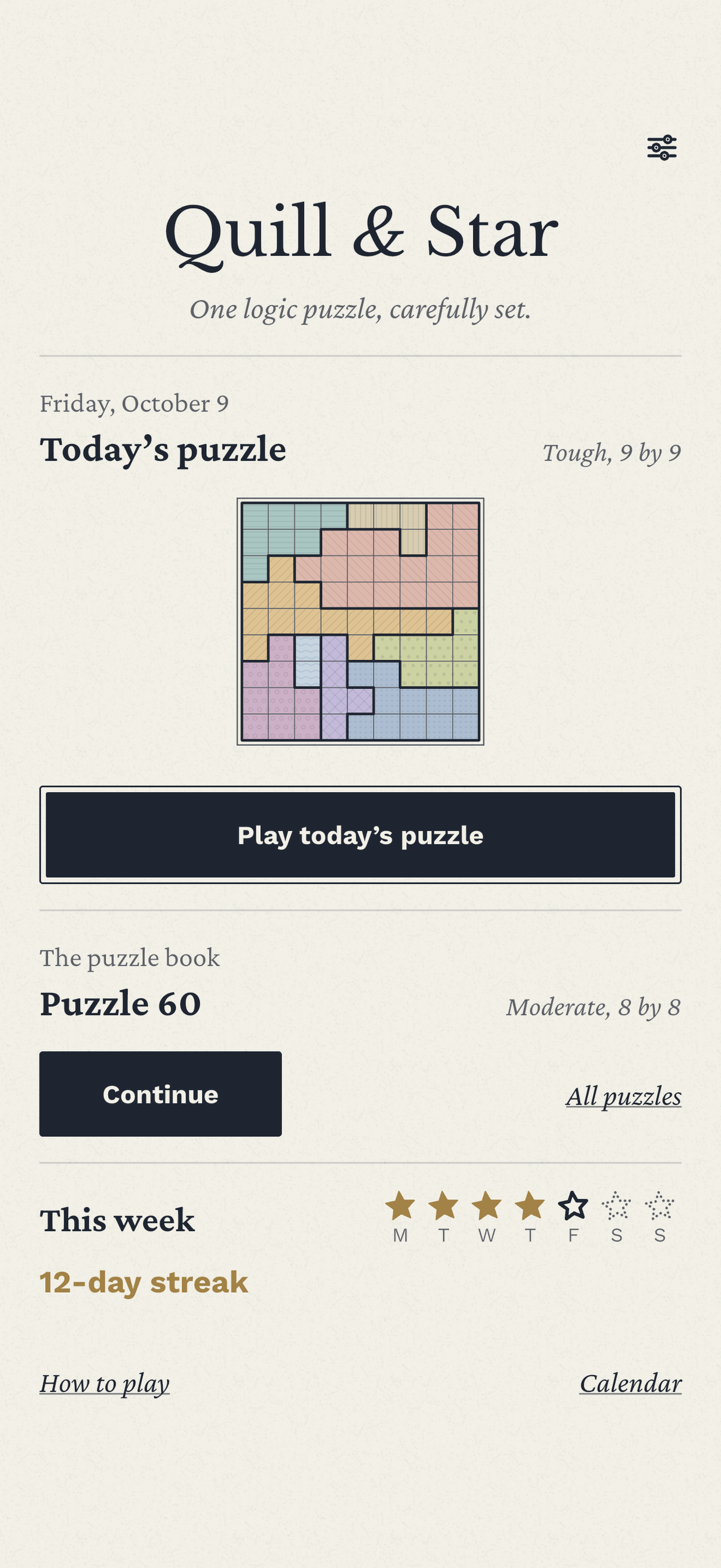 The Quill & Star home page: today’s puzzle, the next puzzle in the book, and this week’s stars with a 12-day streak