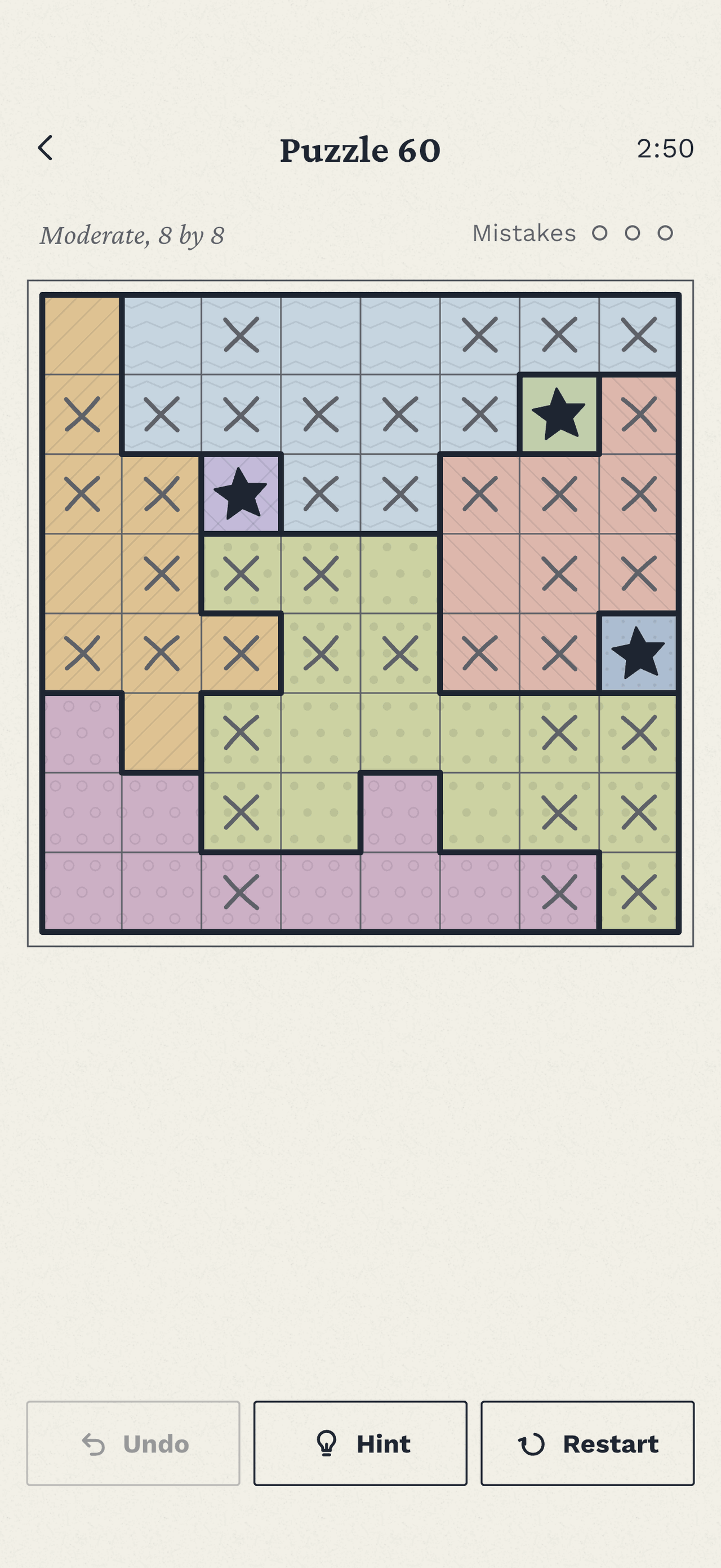 Puzzle 60 in progress: an 8 by 8 board of tinted regions bordered in ink, with stamped stars and pencil crosses