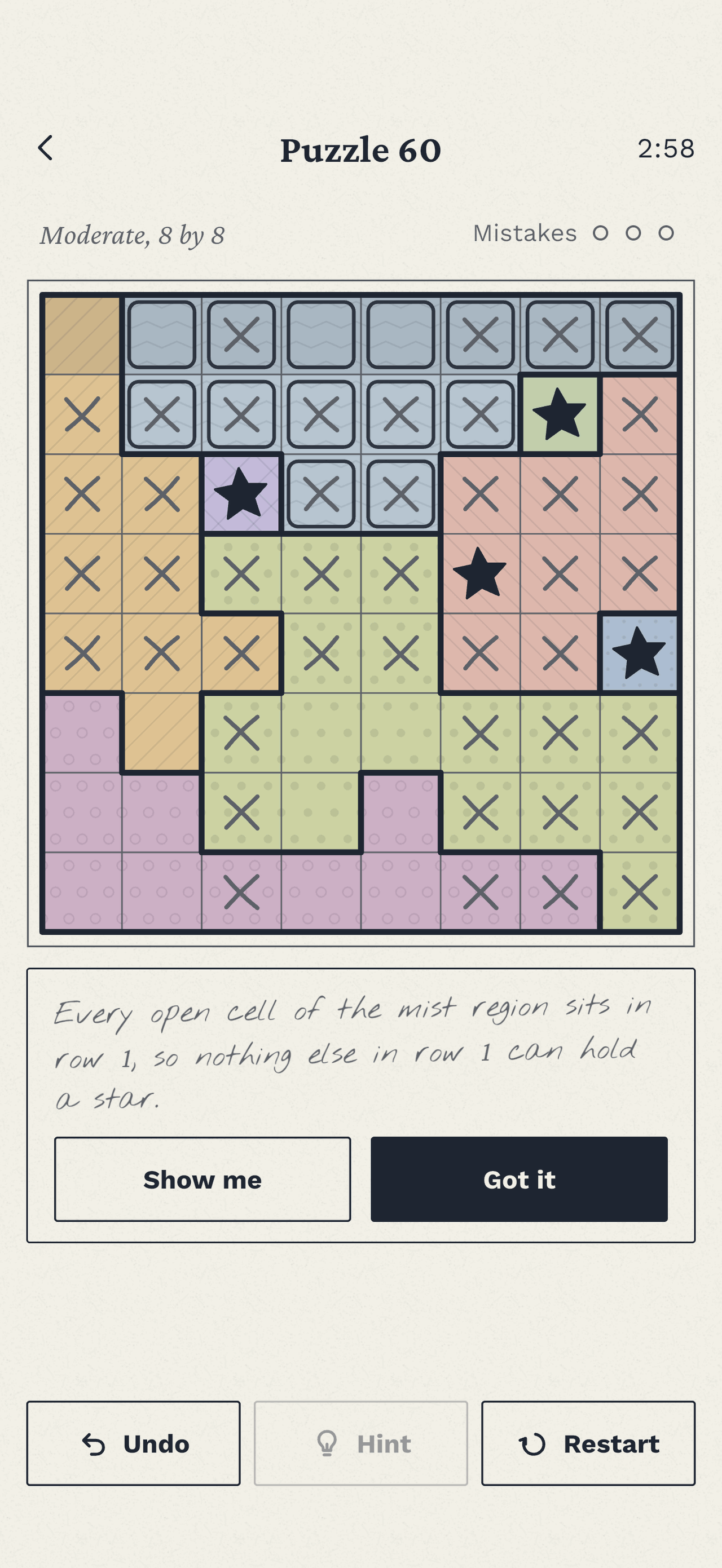 A hint on Puzzle 60: the top row is highlighted and a pencil note explains why nothing else in that row can hold a star