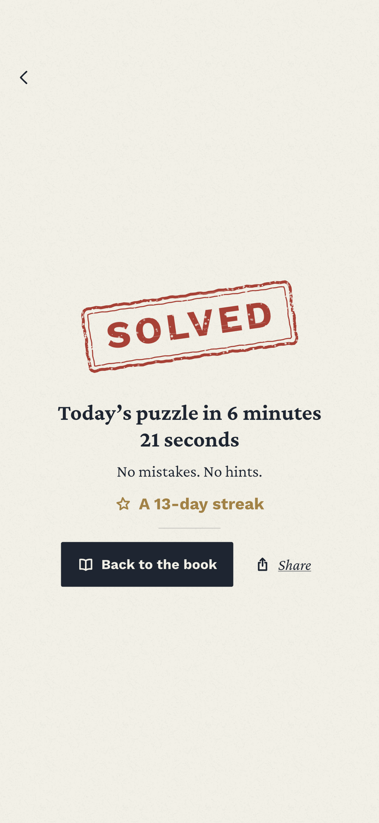 The Solved page, stamped in red: today’s puzzle in 6 minutes 21 seconds, no mistakes, no hints, and a 13-day streak
