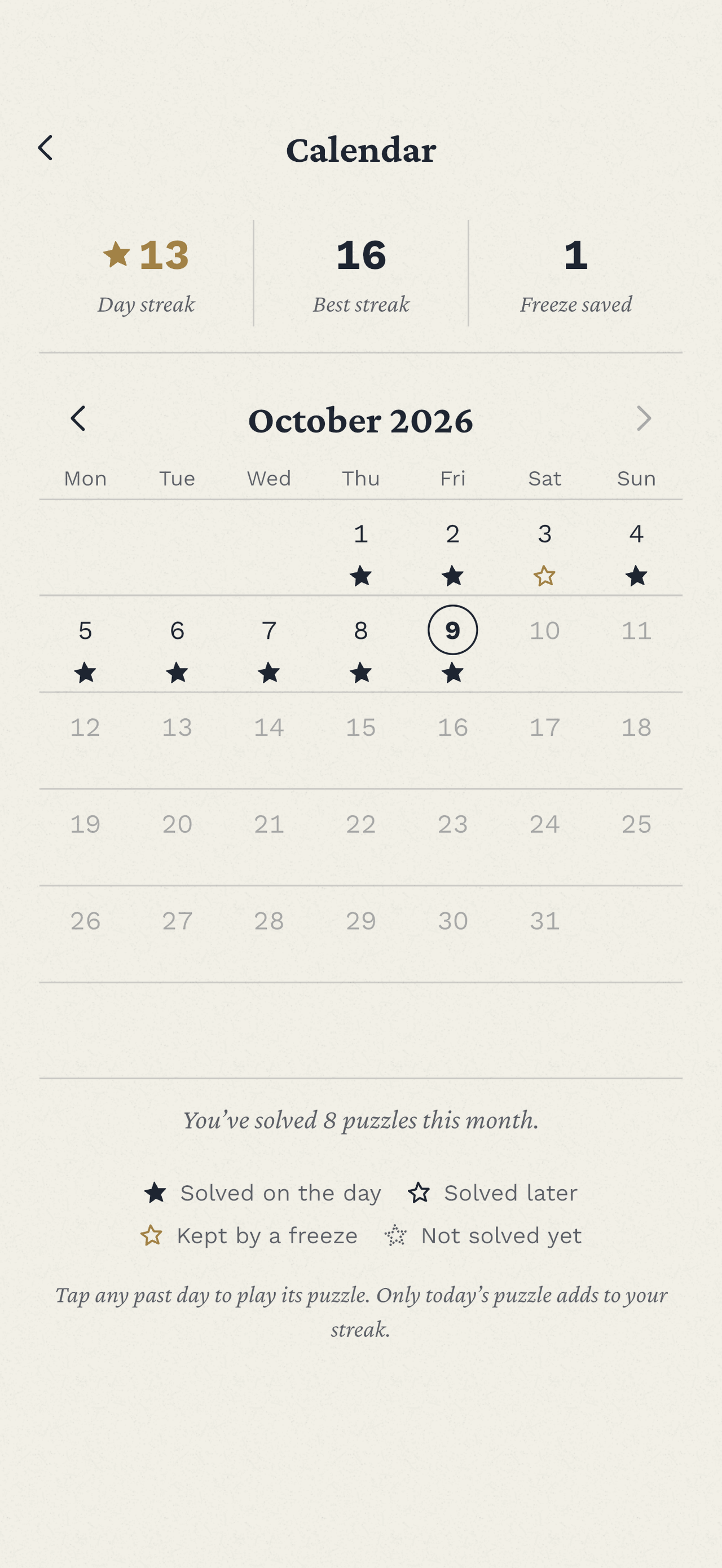 The calendar for October 2026, with a star on each day solved, a 13-day streak, a best streak of 16 and one freeze saved