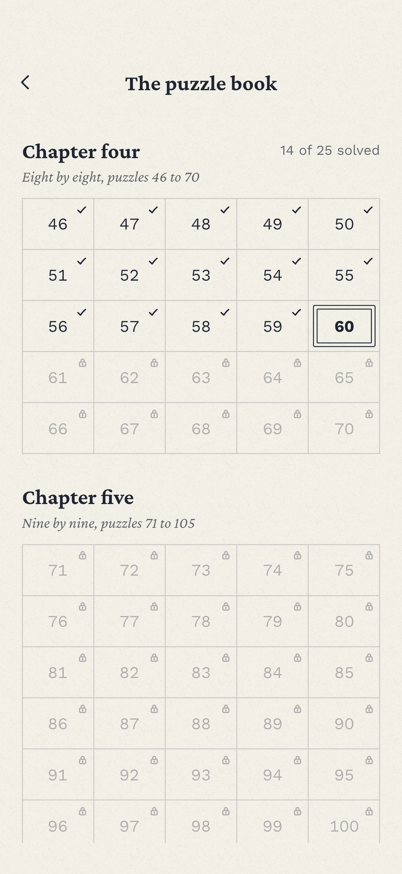 The puzzle book open at chapter four, eight by eight, with solved puzzles ticked and the next one ruled in ink