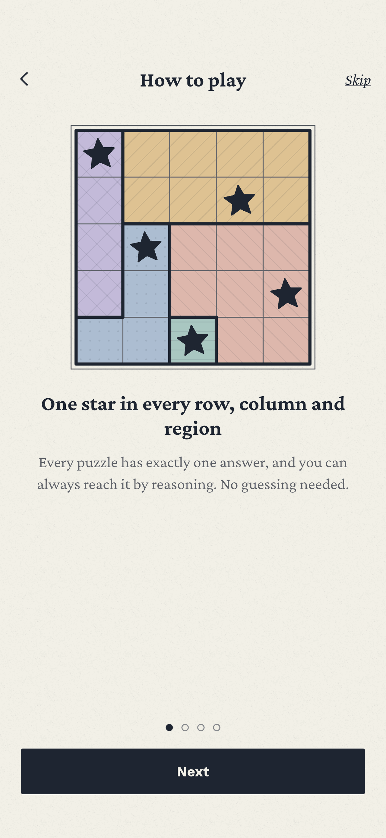 The how-to-play guide: an example 5 by 5 board under the rule, one star in every row, column and region